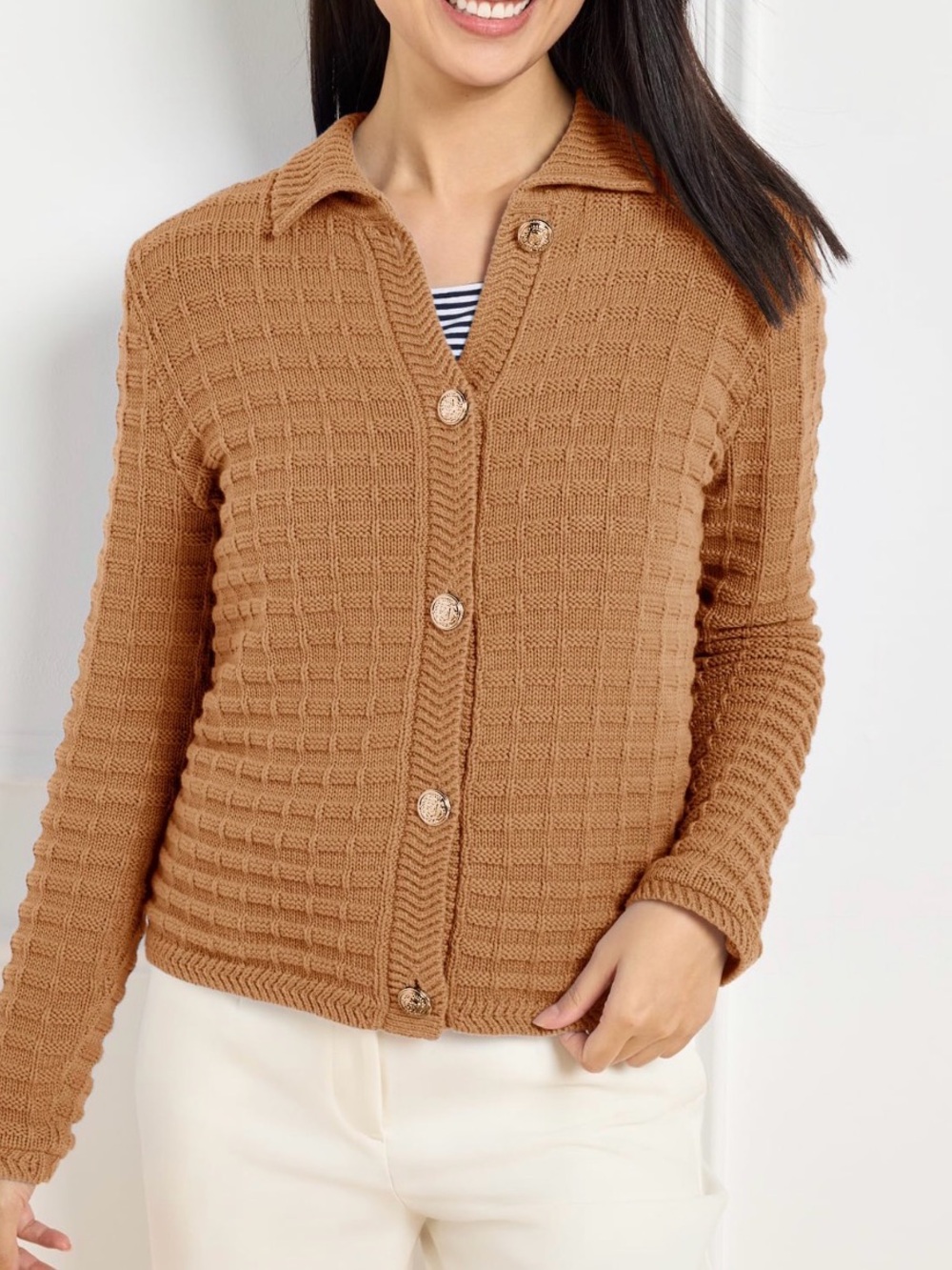 Talbots Textured Polo Cardigan Womens Size Small Cafe Brown Knit Sweater Buttons